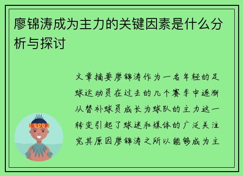 廖锦涛成为主力的关键因素是什么分析与探讨