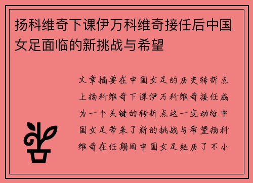 扬科维奇下课伊万科维奇接任后中国女足面临的新挑战与希望 扬科维奇下课伊万科维奇接任后中国女足面临的新挑战与希望