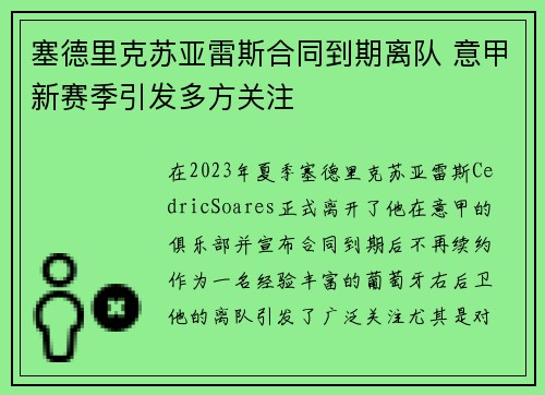 塞德里克苏亚雷斯合同到期离队 意甲新赛季引发多方关注
